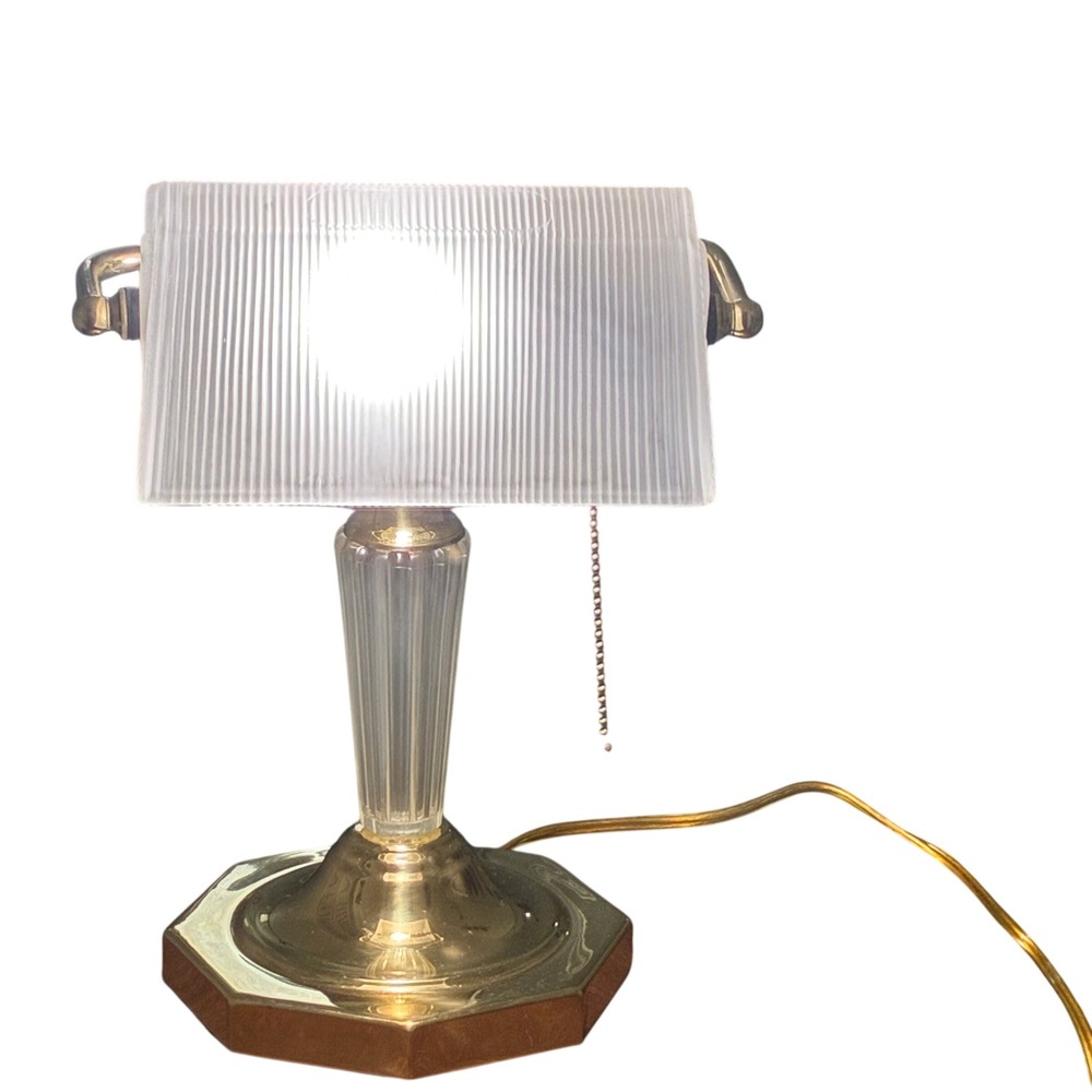 Vintage Banker Lamp Brass Fluted Glass Frosted Ribbed Shade Gold Tone Base